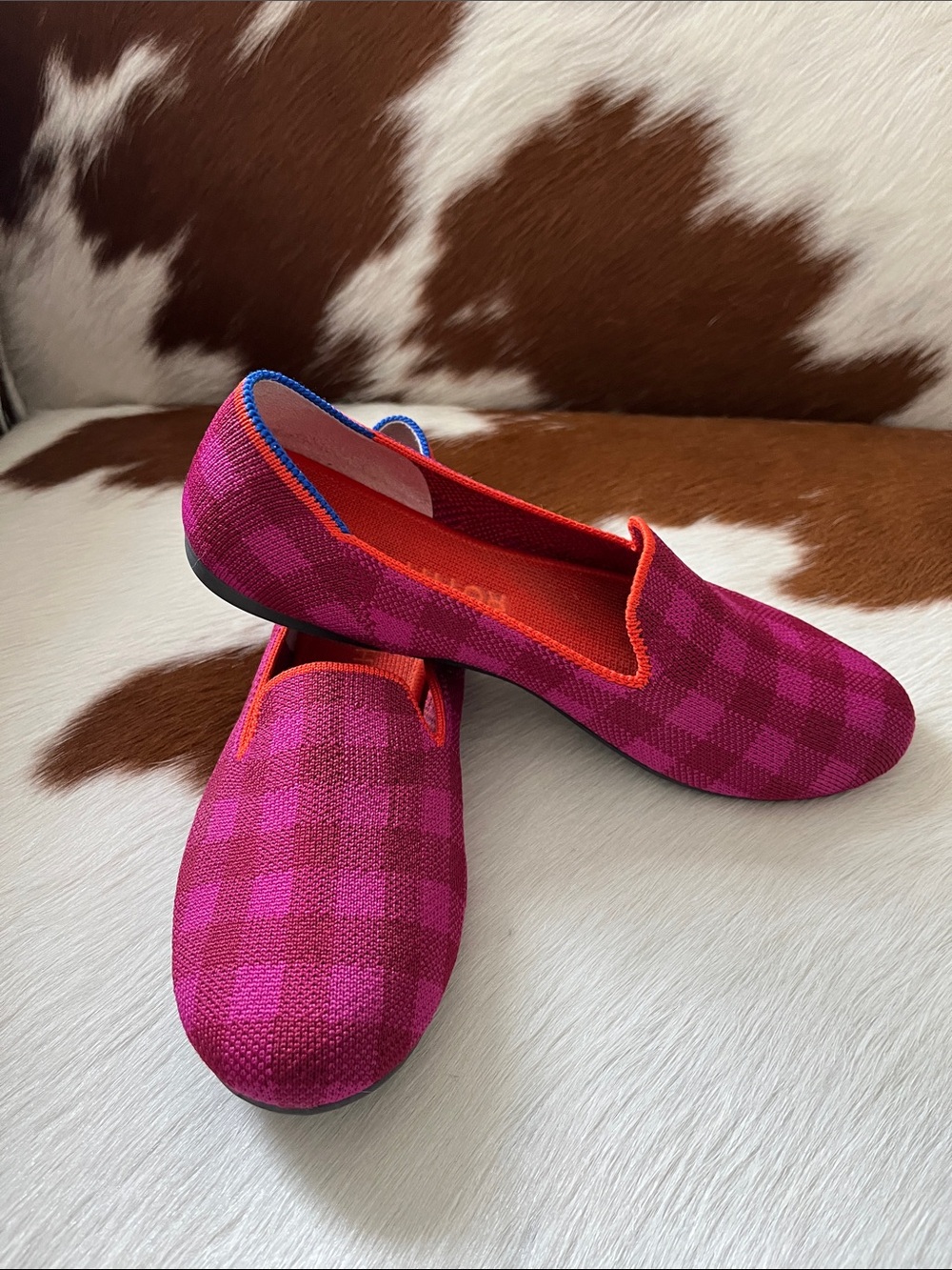 Rothy's Pink Checkered Slip-On Flats with Orange Trim